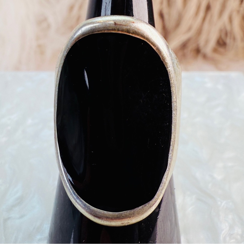Silvertone Black Oval Oblong Statement Ring Sz 7.5 - image 2